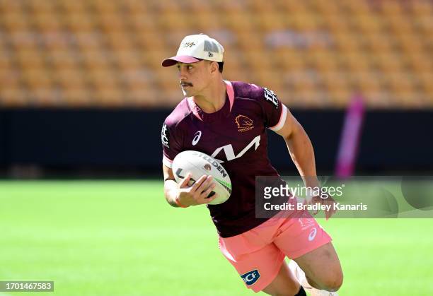 Kotoni Staggs in action during a Brisbane Broncos NRL training session at Suncorp Stadium on September 26, 2023 in Brisbane, Australia.