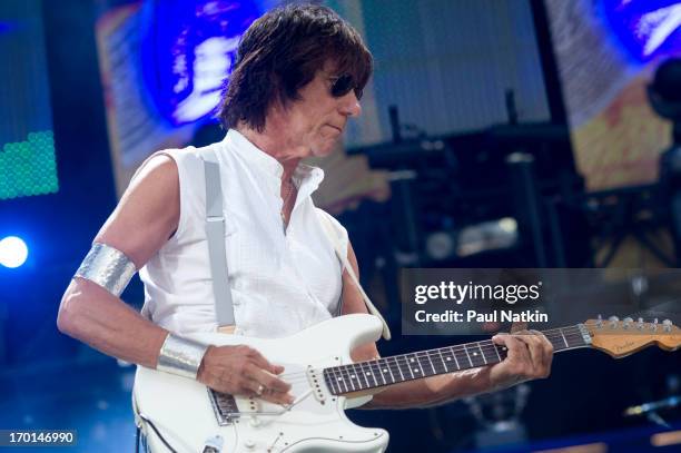 British musician Jeff Beck plays guitar onstage during a performance at Eric Clapton's Crossroads Guitar Festival at Toyota Park, Bridgeview,...