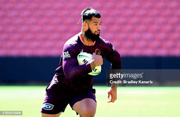 Payne Haas in action during a Brisbane Broncos NRL training session at Suncorp Stadium on September 26, 2023 in Brisbane, Australia.