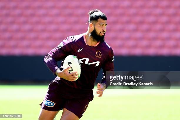 Payne Haas in action during a Brisbane Broncos NRL training session at Suncorp Stadium on September 26, 2023 in Brisbane, Australia.