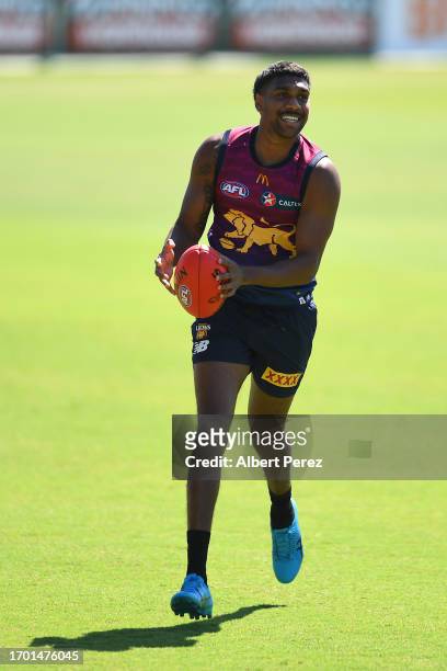 Keidean Coleman of the Lions in action during a Brisbane Lions AFL training session at Brighton Homes Arena on September 26, 2023 in Ipswich,...