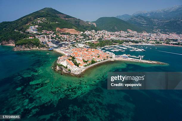 the old town of budva, montenegro (aerial view) - budva stock pictures, royalty-free photos & images