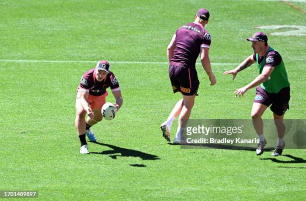 Billy Walters passes the ball during a Brisbane Broncos NRL training session at Suncorp Stadium on September 26, 2023 in Brisbane, Australia.