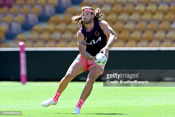 Patrick Carrigan in action during a Brisbane Broncos NRL training session at Suncorp Stadium on September 26, 2023 in Brisbane, Australia.