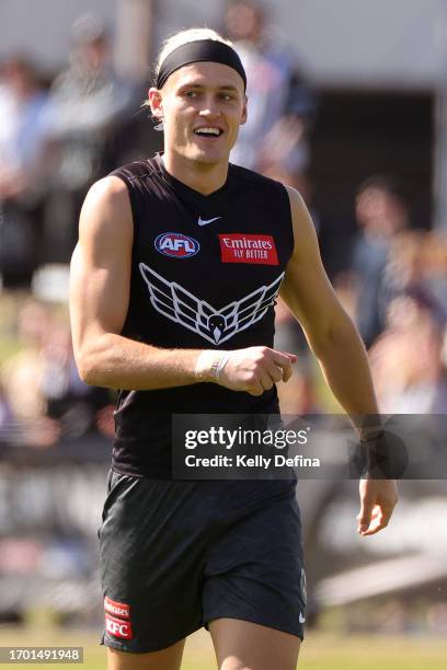 Darcy Moore of the Magpies reacts during a Collingwood Magpies AFL training session at AIA Centre on September 26, 2023 in Melbourne, Australia.