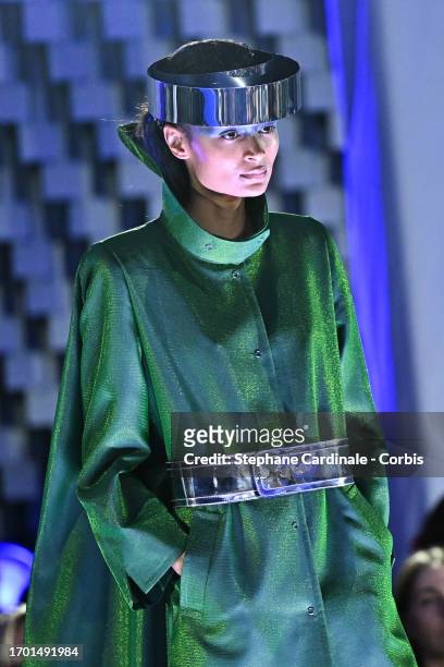 Model walks the runway during the Pierre Cardin Womenswear Spring/Summer 2024 show as part of Paris Fashion Week on September 25, 2023 in Paris,...