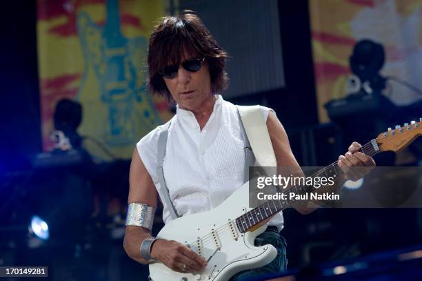 British musician Jeff Beck plays guitar onstage during a performance at Eric Clapton's Crossroads Guitar Festival at Toyota Park, Bridgeview,...