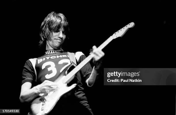 British musician Jeff Beck plays guitar onstage during a performance at the Granada Theater, Chicago, Illinois, October 19, 1980.