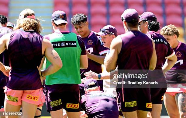 Coach Kevin Walters talks to his players during a Brisbane Broncos NRL training session at Suncorp Stadium on September 26, 2023 in Brisbane,...
