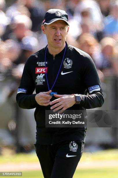 Craig McRae, Senior Coach of the Magpies looks on during a Collingwood Magpies AFL training session at AIA Centre on September 26, 2023 in Melbourne,...