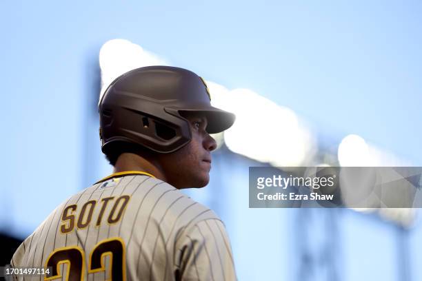 Juan Soto of the San Diego Padres waits to bat against the San Francisco Giants in the first inning at Oracle Park on September 25, 2023 in San...