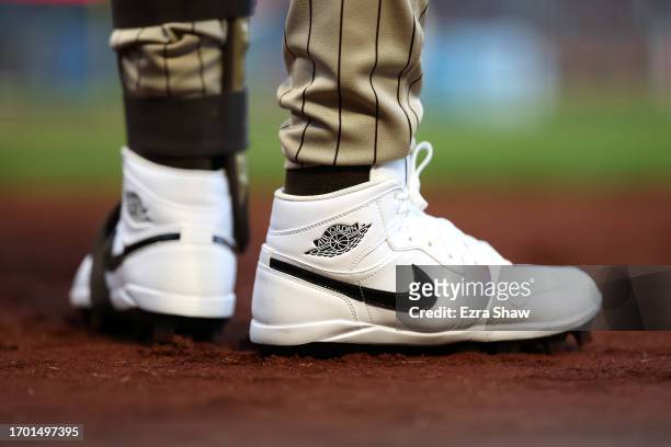 Close up of the Air Jordan Nike sneakers worn by Fernando Tatis Jr. #23 of the San Diego Padres during their game against the San Francisco Giants at...
