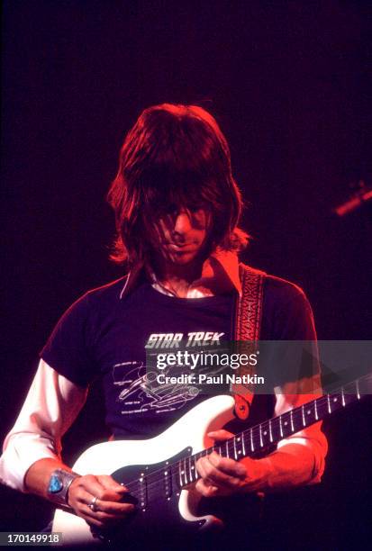 British musician Jeff Beck plays guitar onstage during a performance at the Auditorium Theater, Chicago, Illinois, February 17, 1977.