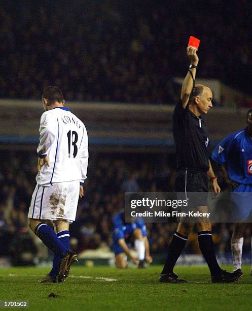 Wayne Rooney of Everton is shown the red card after a foul on Steve Vickers during the Birmingham City v Everton FA Barclaycard Premiership match...