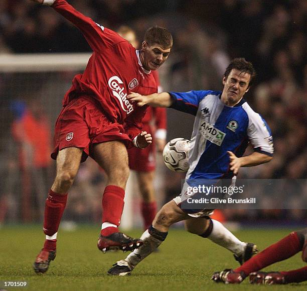 Steven Gerrard of Liverpool clashes with David Thompson of Blackburn during the Liverpool v Blackburn Rovers FA Barclaycard Premiership match at...