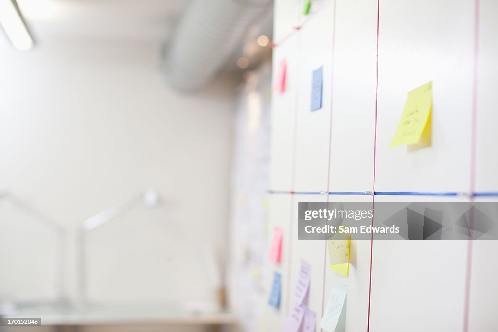 Documents and adhesive notes on wall in office