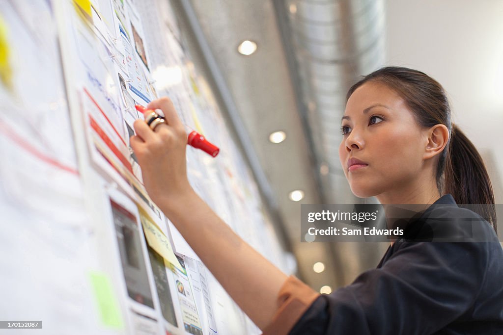 Mujer de negocios mirando a la información sobre una pizarra acrílica en oficina