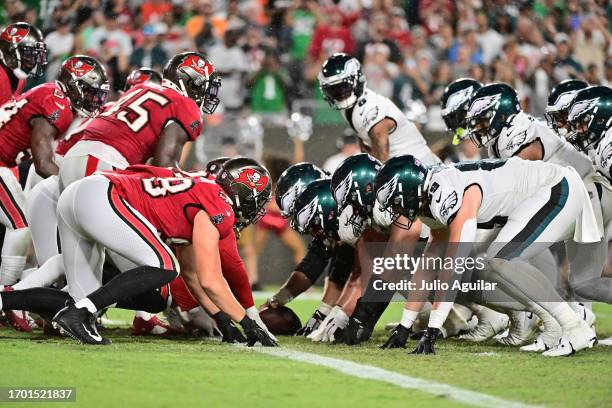 The Philadelphia Eagles offense lines up against the Tampa Bay Buccaneers defense during the third quarter at Raymond James Stadium on September 25,...