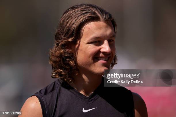 Jack Ginnivan of the Magpies looks on during a Collingwood Magpies AFL training session at AIA Centre on September 26, 2023 in Melbourne, Australia.
