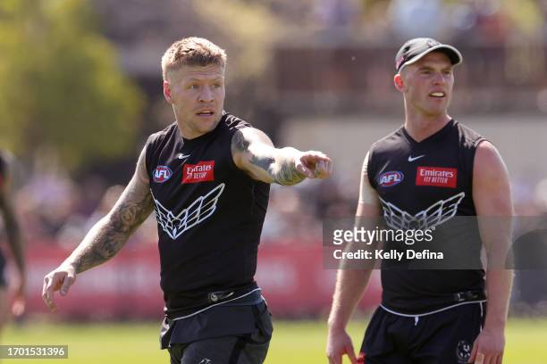 Jordan De Goey of the Magpies reacts during a Collingwood Magpies AFL training session at AIA Centre on September 26, 2023 in Melbourne, Australia.