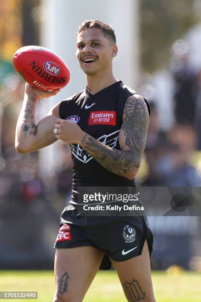 Bobby Hill of the Magpies in action during a Collingwood Magpies AFL training session at AIA Centre on September 26, 2023 in Melbourne, Australia.