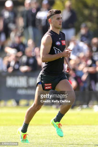 Nick Daicos of the Magpies in action during a Collingwood Magpies AFL training session at AIA Centre on September 26, 2023 in Melbourne, Australia.