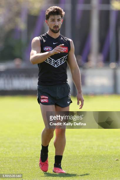 Josh Daicos of the Magpies reacts during a Collingwood Magpies AFL training session at AIA Centre on September 26, 2023 in Melbourne, Australia.