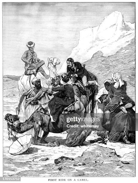 bildbanksillustrationer, clip art samt tecknat material och ikoner med victorian tourists' first attempt at camel riding - scrambling