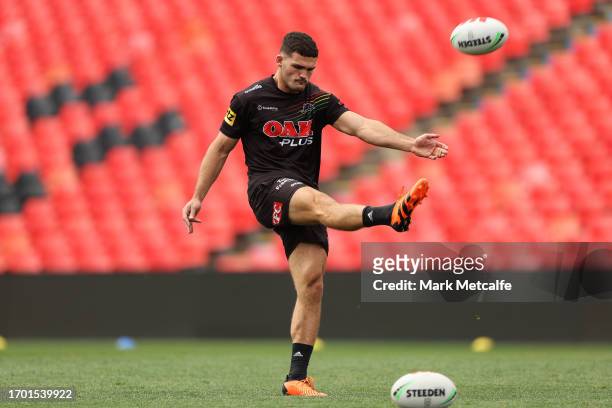 Nathan Cleary of the Panthers trains during a Penrith Panthers NRL training session at BlueBet Stadium on September 26, 2023 in Penrith, Australia.