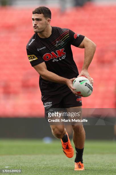 Nathan Cleary of the Panthers trains during a Penrith Panthers NRL training session at BlueBet Stadium on September 26, 2023 in Penrith, Australia.