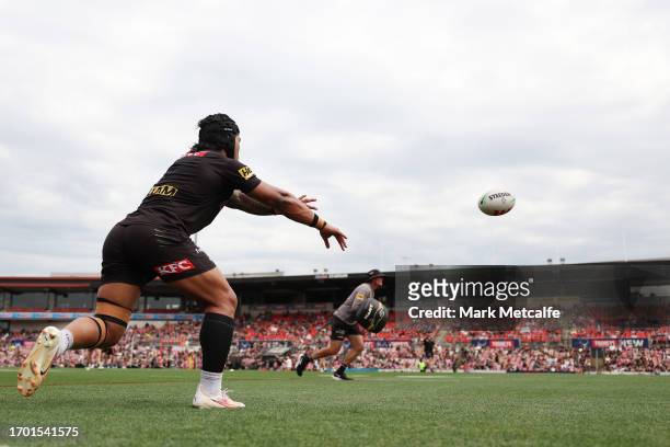 Brian To'o of the Panthers trains during a Penrith Panthers NRL training session at BlueBet Stadium on September 26, 2023 in Penrith, Australia.