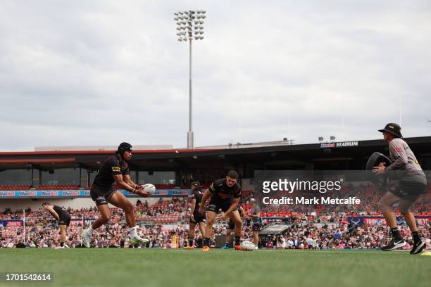 Stephen Crichton of the Panthers trains during a Penrith Panthers NRL training session at BlueBet Stadium on September 26, 2023 in Penrith, Australia.