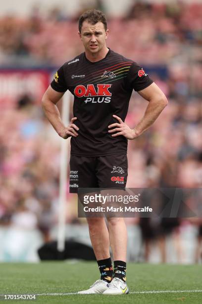 Dylan Edwards of the Panthers looks on during a Penrith Panthers NRL training session at BlueBet Stadium on September 26, 2023 in Penrith, Australia.