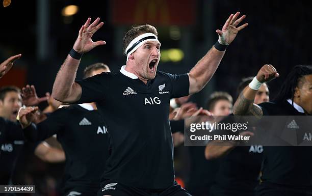 Kieran Read of the All Blacks leads the haka during the first test match between the New Zealand All Blacks and France at Eden Park on June 8, 2013...