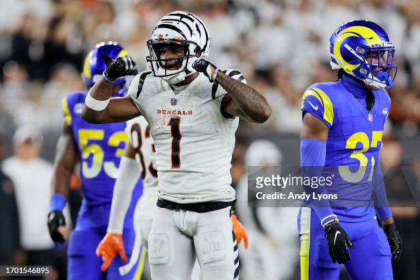 Ja'Marr Chase of the Cincinnati Bengals celebrates after making a catch against the Los Angeles Rams during the third quarter in the game at Paycor...