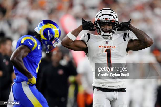 Ja'Marr Chase of the Cincinnati Bengals celebrates after making a catch against the Los Angeles Rams during the third quarter in the game at Paycor...