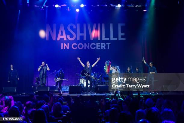 Jonathan Jackson, Sam Palladio, Charles Esten, Clare Bowen and Chris Carmack perform during the Nashville Reunion Tour at Ryman Auditorium on...