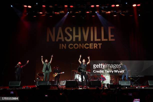 Jonathan Jackson, Sam Palladio, Charles Esten, Clare Bowen and Chris Carmack perform during the Nashville Reunion Tour at Ryman Auditorium on...