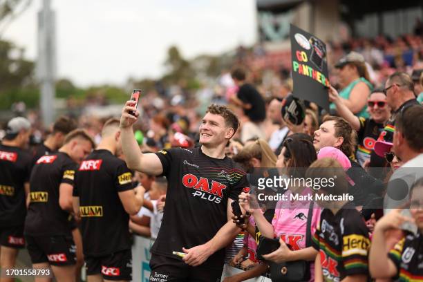 Liam Martin of the Panthers interacts with fans during a Penrith Panthers NRL training session at BlueBet Stadium on September 26, 2023 in Penrith,...
