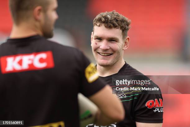 Liam Martin smiles during a Penrith Panthers NRL training session at BlueBet Stadium on September 26, 2023 in Penrith, Australia.