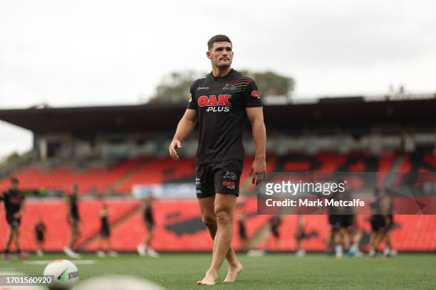 Nathan Cleary of the Panthers looks on during a Penrith Panthers NRL training session at BlueBet Stadium on September 26, 2023 in Penrith, Australia.