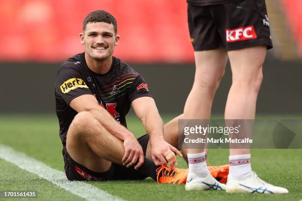 Nathan Cleary of the Panthers looks on during a Penrith Panthers NRL training session at BlueBet Stadium on September 26, 2023 in Penrith, Australia.