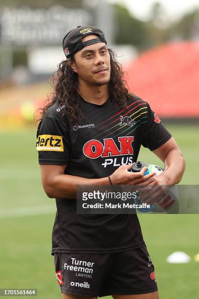 Jarome Luai of the Panthers smiles during a Penrith Panthers NRL training session at BlueBet Stadium on September 26, 2023 in Penrith, Australia.