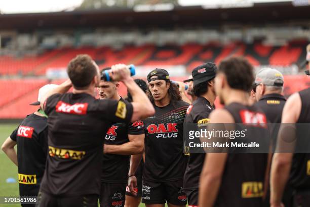 Jarome Luai of the Panthers looks on during a Penrith Panthers NRL training session at BlueBet Stadium on September 26, 2023 in Penrith, Australia.