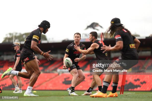 Dylan Edwards of the Panthers trains during a Penrith Panthers NRL training session at BlueBet Stadium on September 26, 2023 in Penrith, Australia.