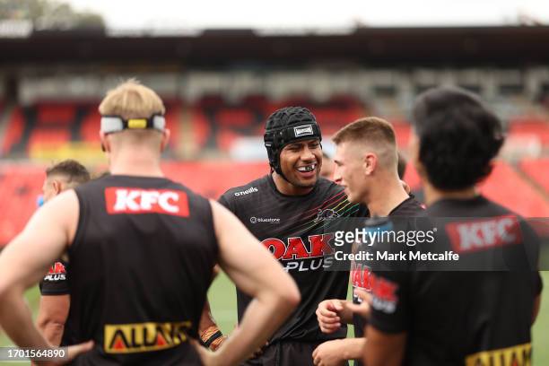Stephen Crichton of the Panthers smiles during a Penrith Panthers NRL training session at BlueBet Stadium on September 26, 2023 in Penrith, Australia.