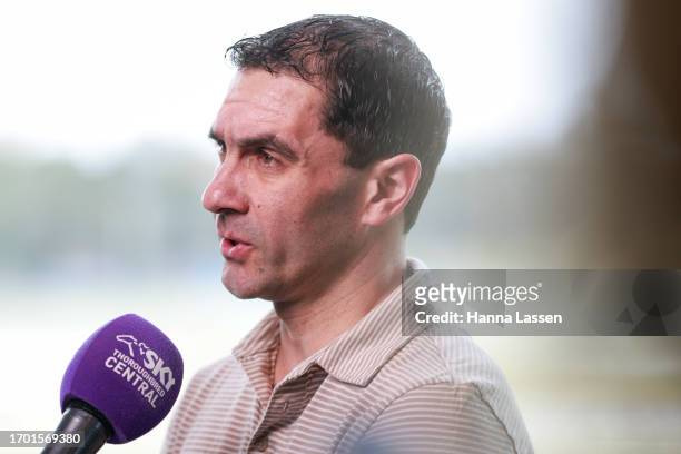 David Pires is interviewed during the Epsom Barrier Draw at Royal Randwick Racecourse on September 26, 2023 in Sydney, Australia.