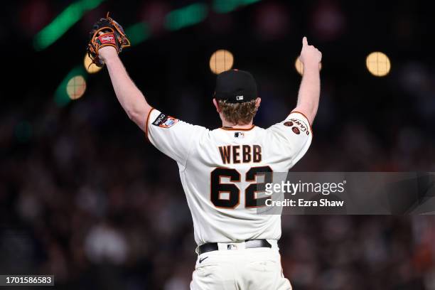 Logan Webb of the San Francisco Giants reacts after the Giants turned a double play to end the sixth inning of their game against the San Diego...