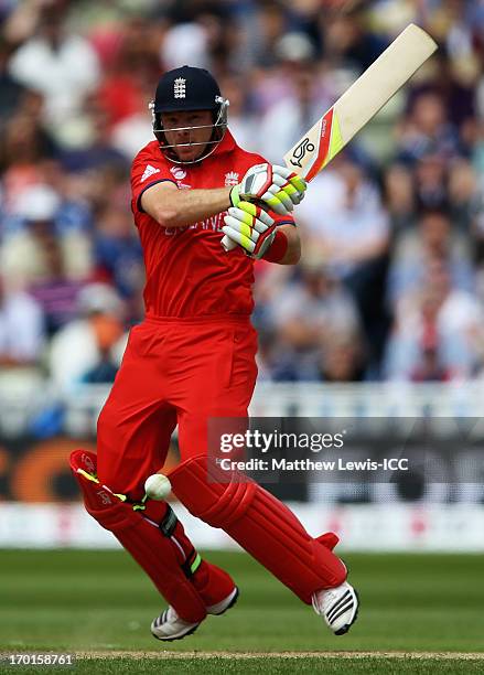 Ian Bell of England hits the ball towards the boundary during the ICC Champions Trophy Group A match between England and Australia at Edgbaston on...