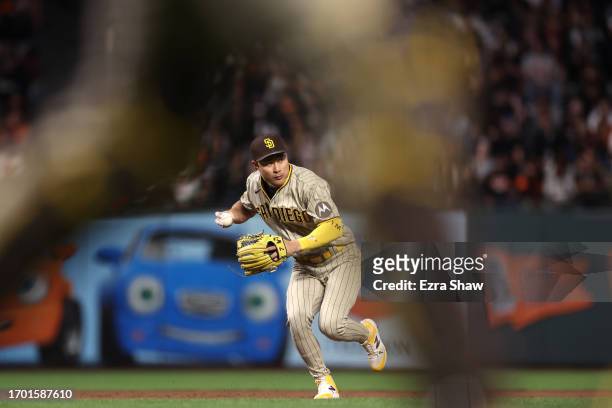 Ha-Seong Kim of the San Diego Padres throws out J.D. Davis of the San Francisco Giants in the sixth inning at Oracle Park on September 25, 2023 in...